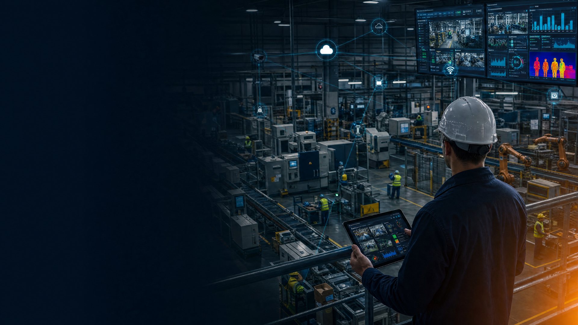 Gerente de planta supervisando la operación desde una tablet con arquitectura AIoT: cámaras, sensores y tableros conectados en piso de manufactura