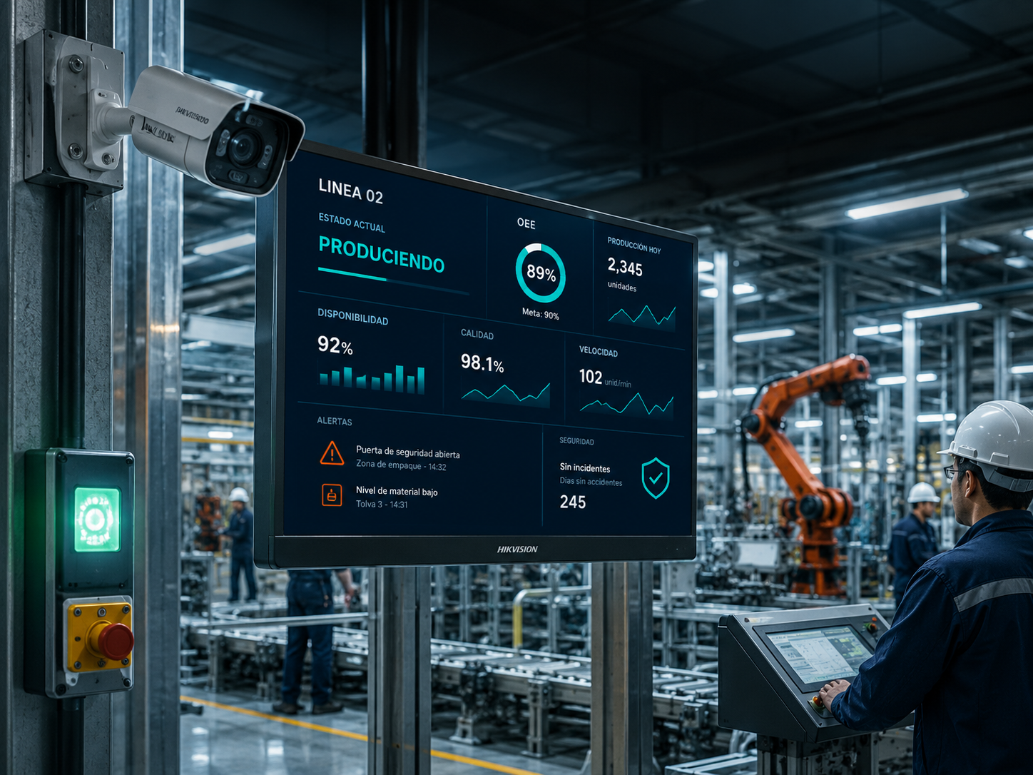 Señalización digital industrial con indicadores en piso de planta